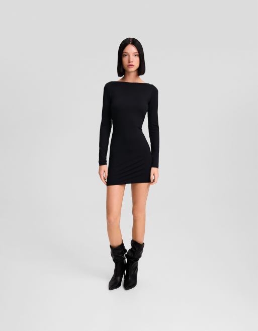 Bershka low back slinky mini dress in black