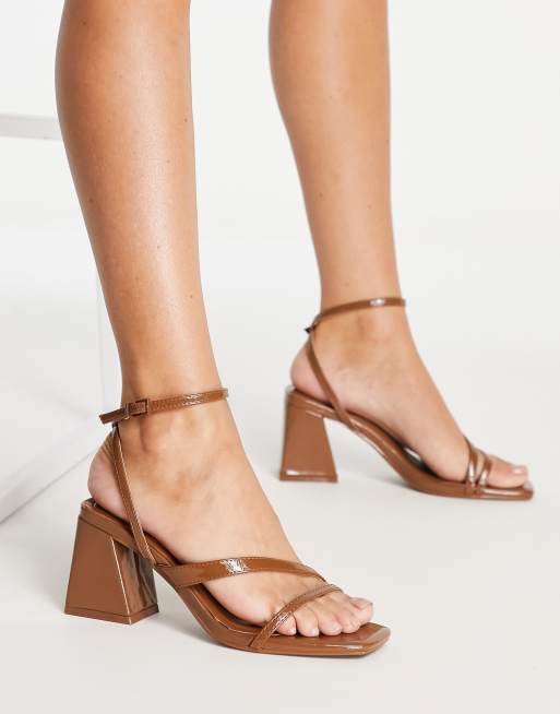 Bershka low block heel sandal with multi strap in brown