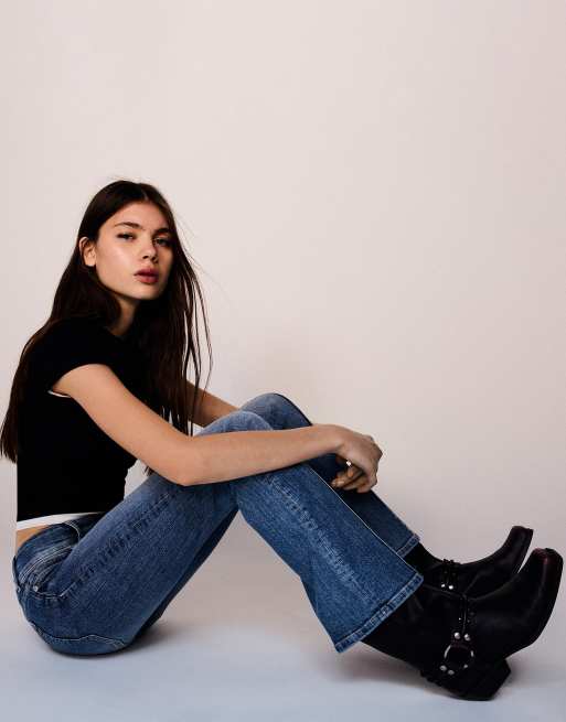 Bershka low rise boot cut jeans in denim blue