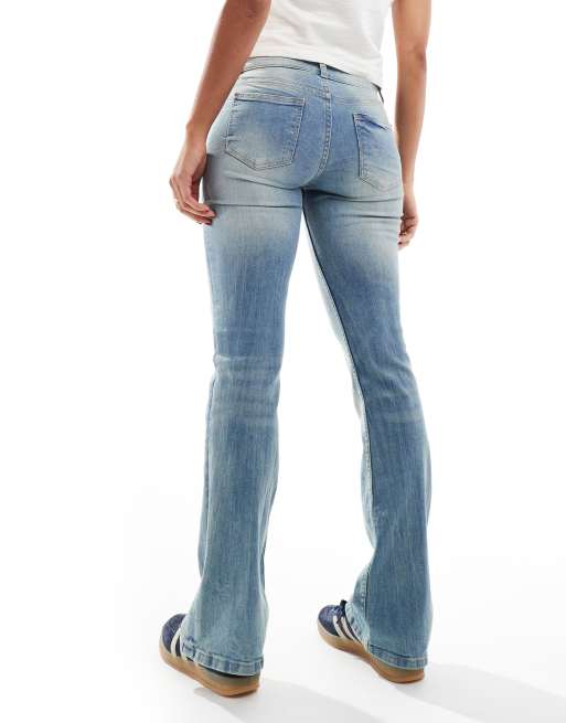 Bershka low rise bootcut jeans in light blue dirty wash | ASOS