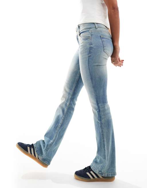 Bershka low rise bootcut jeans in light blue dirty wash | ASOS
