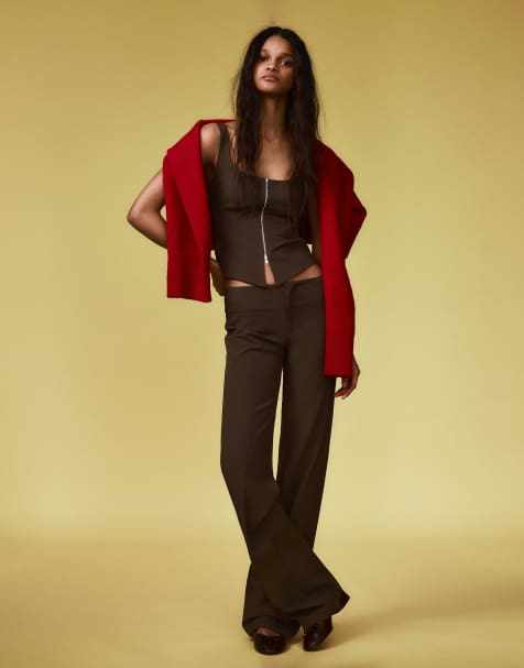 Bershka Low-rise cummerbund trousers in brown