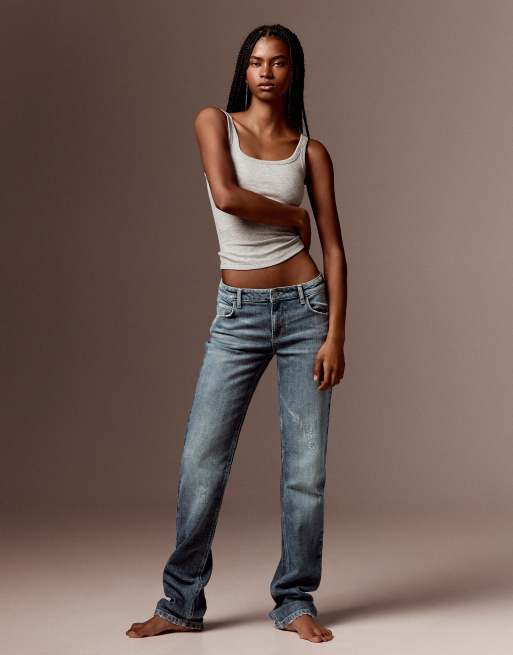 Bershka Low-rise slim fit jeans in blue, 2 of 5