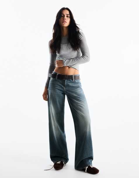 Bershka Low-Rise Straight Jeans in Blau - view 1