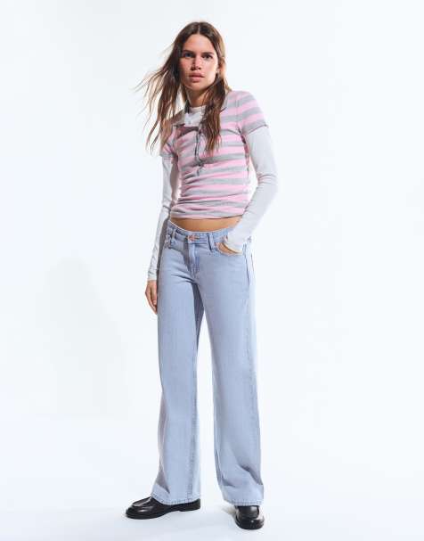Bershka Low-rise straight-leg jeans in mid blue - view 1