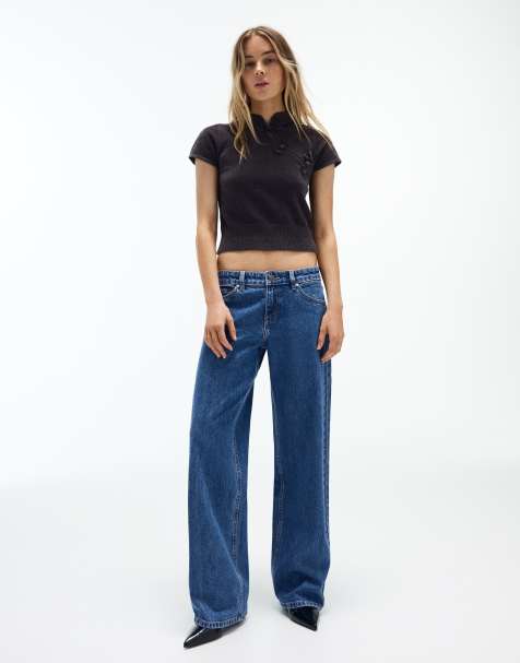 Bershka Low-rise straight sequin jeans in mid blue - view 1