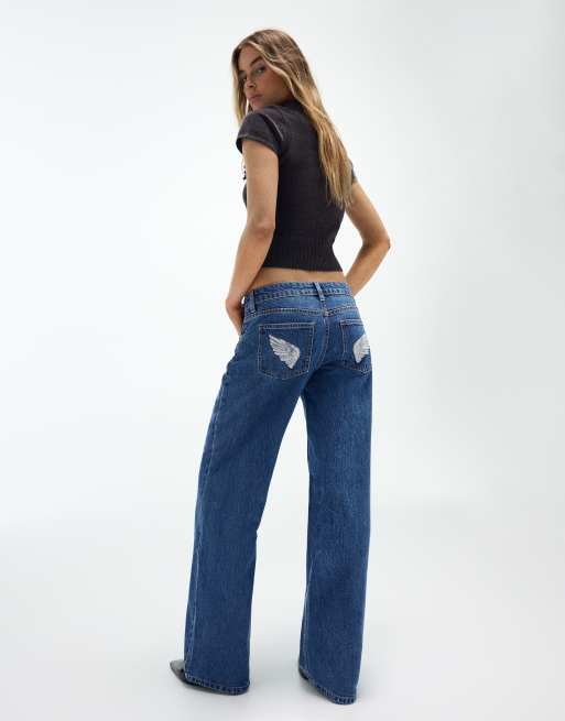 Bershka Low-rise straight sequin jeans in mid blue, 3 of 6