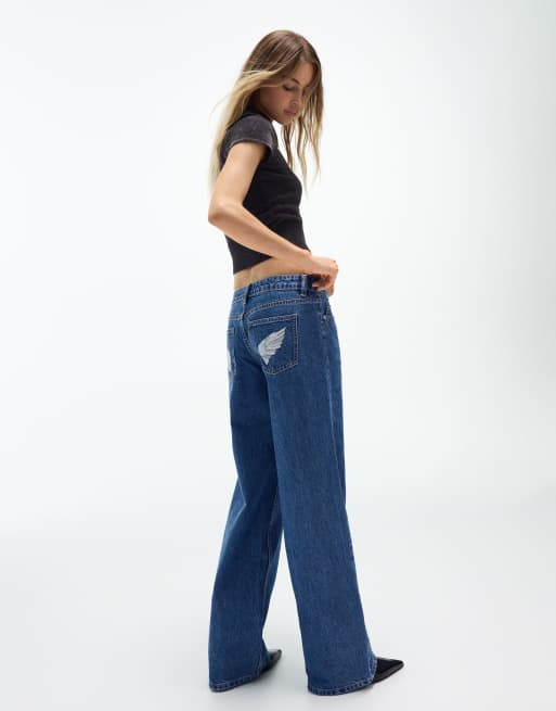 Bershka Low-rise straight sequin jeans in mid blue, 5 of 6