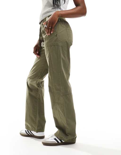 Bershka low rise tie waist wide leg utility pants in washed khaki , 4 of 5