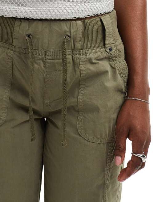 Bershka low rise tie waist wide leg utility pants in washed khaki , 5 of 5