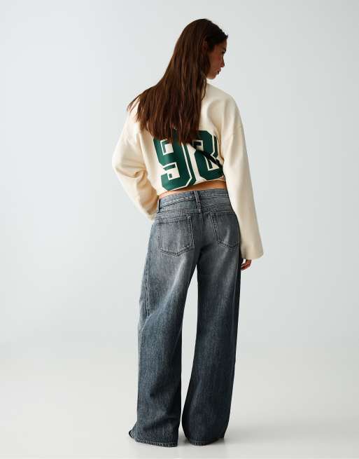 Bershka Low-rise wide-leg jeans in denim blue, 3 of 5