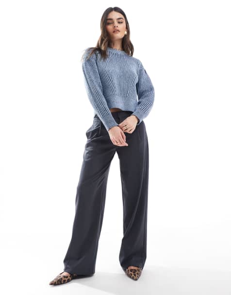 Bershka low rise wide leg tailored pants in grey - view 1