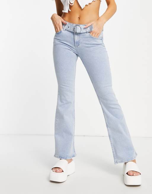 Bershka low waist 00s buckle detail jean in light blue wash - part of a set