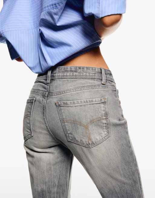 Bershka low waist boot cut jeans in light grey