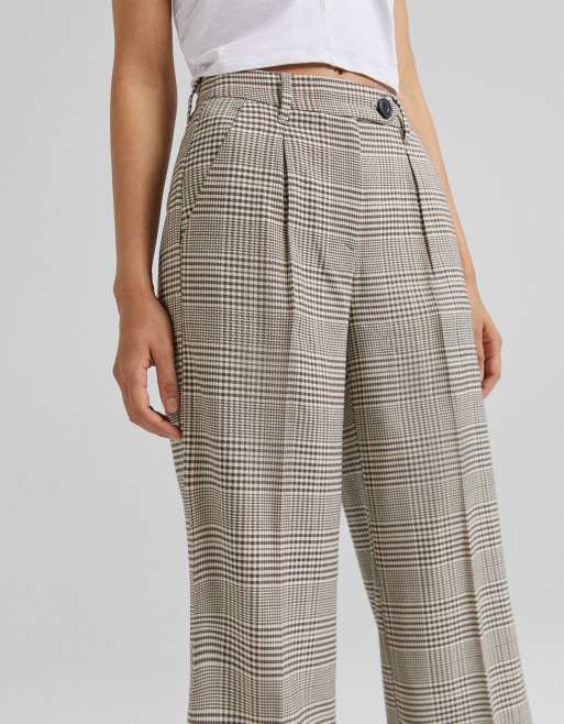 Bershka - Løstsiddende skræddersyede bukser med vide ben i beige tern, 4 af 4