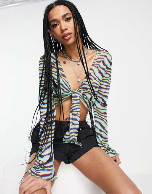 Bershka - Luchtige blouse in jaren 90-stijl met gestrikte voorkant en zebraprint in blauw