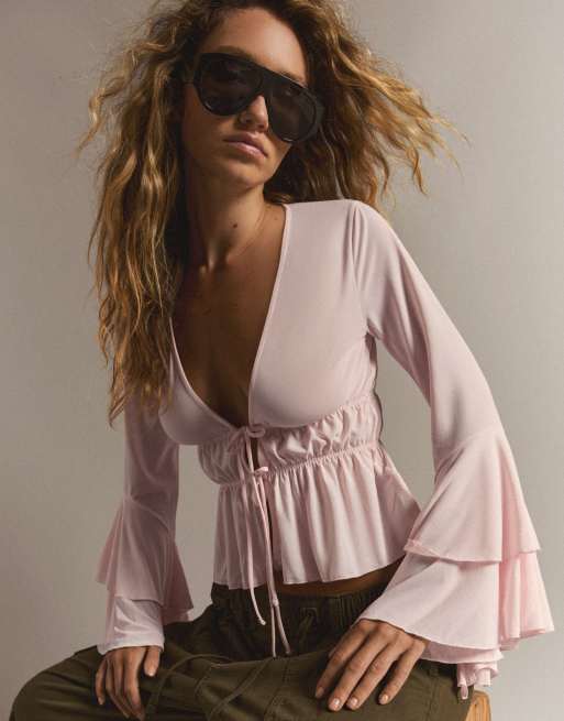Bershka luftig t-shirt med volang i rosa, 3 av 5