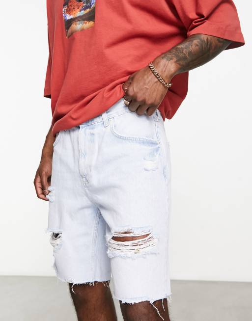 Bershka - Lyseblå denimshorts med flænger og slidt finish