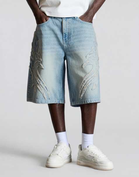 Bershka - Lyseblå posede bermudashorts med mærke - view 1