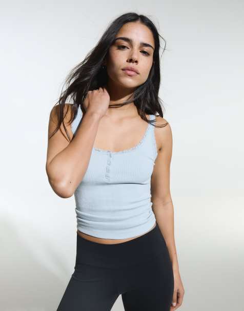 Bershka - Lyseblå stroptop med henley-detalje og blondekant - view 1
