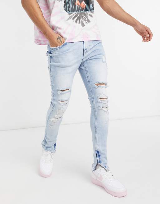 Bershka - Lyseblå super-skinny-jeans med huller ASOS