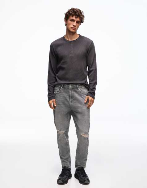 Bershka - Lysegrå jeans med flænger i gulerodspasform - view 1