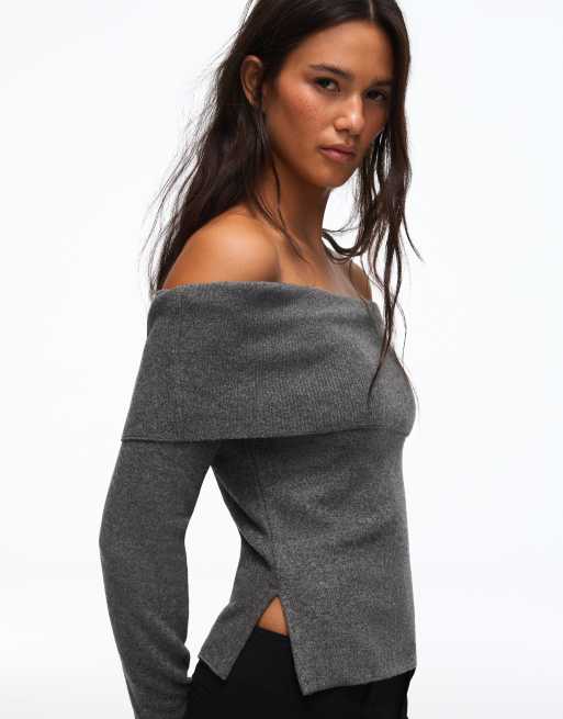 Bershka - Lysegrå langærmet bardot-trøje, 2 af 5