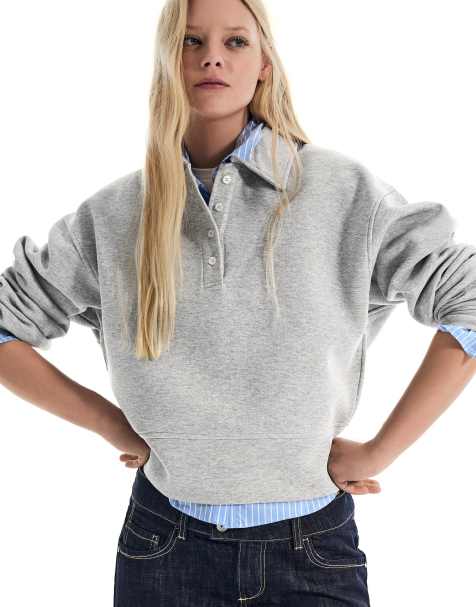 Bershka - Lysegrå langærmet poloskjorte med skærf - view 1
