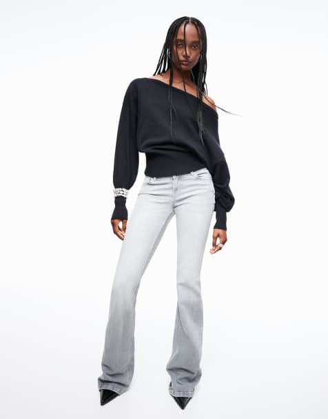 Bershka - Lysegrå lavtaljede bootcut-jeans - view 1