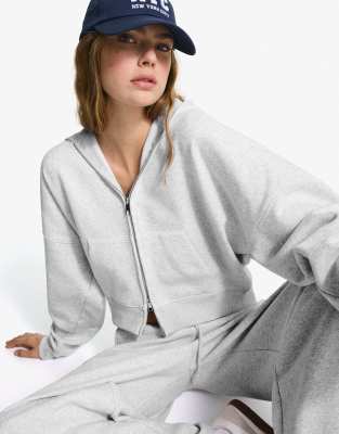 Bershka - Lysegrå oversized hættetrøje med lynlås - view 1