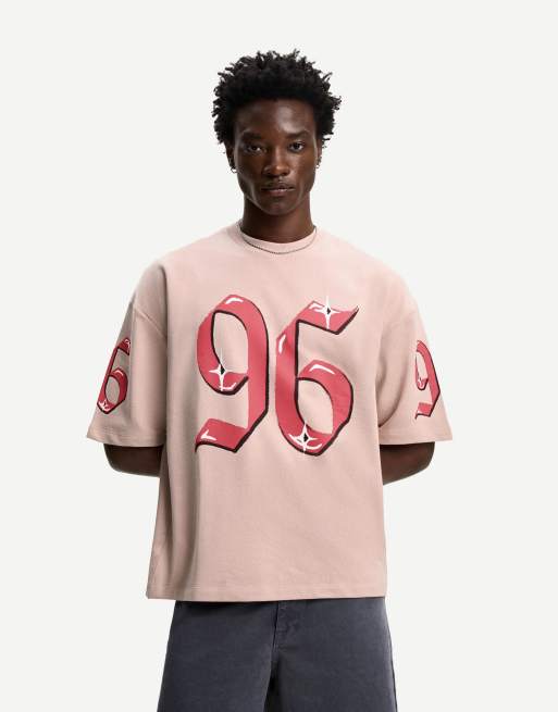 Bershka - Lyserød kortærmet T-shirt i plys med print