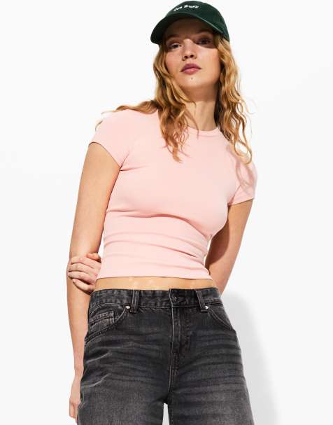 Bershka - Lyserød T-shirt med rund hals og korte ærmer - view 1