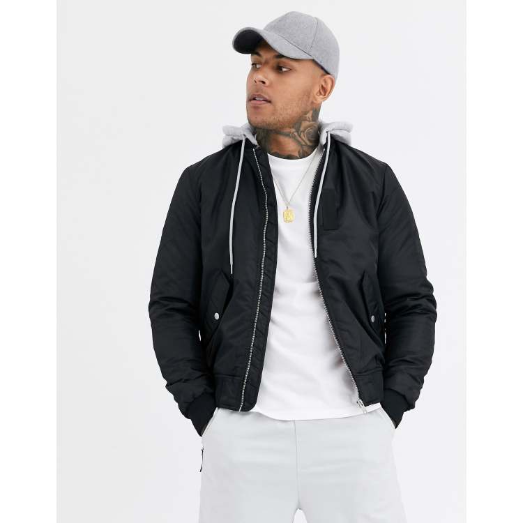 Bershka MA1 jersey hooded bomber in black | ASOS