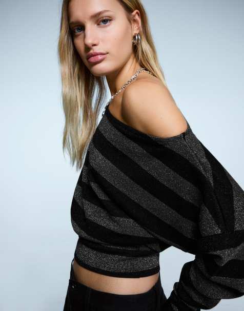 Bershka - Maglietta a maniche lunghe asimmetrica grigia a righe luccicanti - view 1