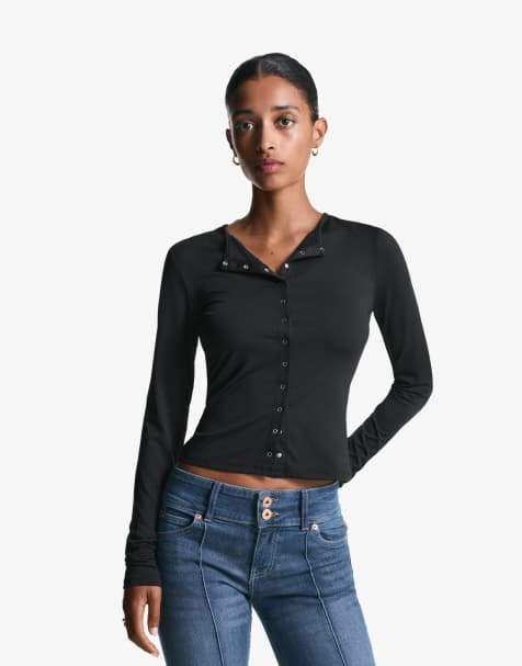 Bershka - Maglietta a maniche lunghe nera con bottoni - view 1