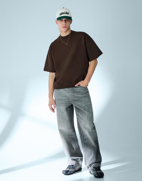 Bershka - Maglietta felpata a maniche corte marrone a coste - view 1