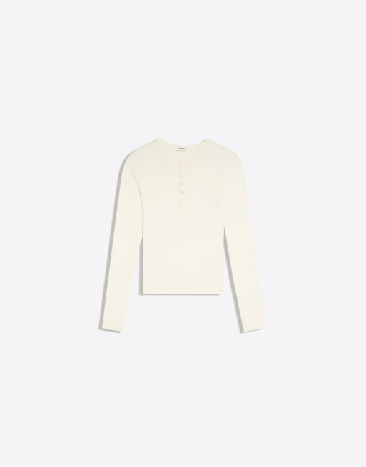 Bershka maglietta Henley a maniche lunghe bianca, 5 di 5