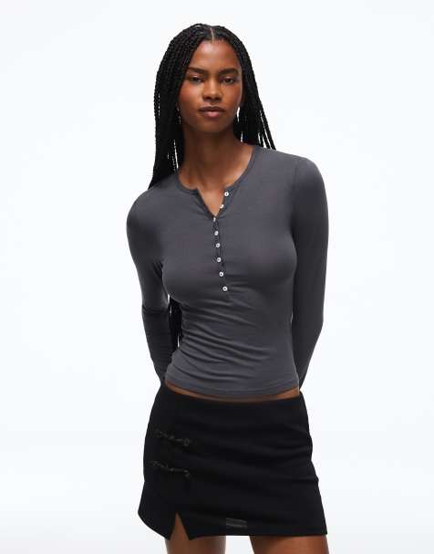 Bershka maglietta Henley a maniche lunghe lavaggio grigio - view 1
