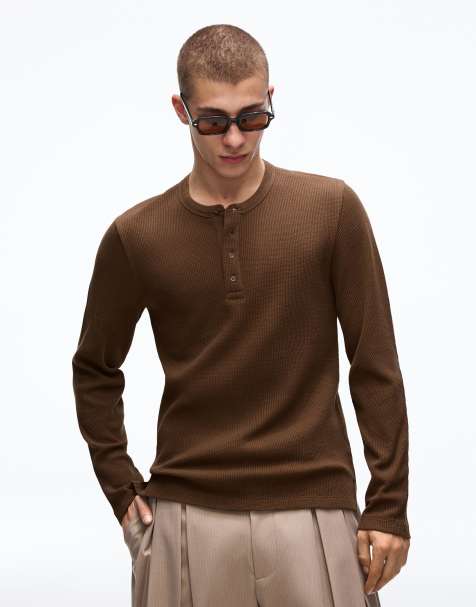 Bershka - Maglietta slim marrone a maniche lunghe con collo serafino - view 1