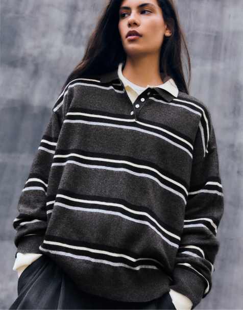 Bershka maglione a collo alto a righe grigio - view 1