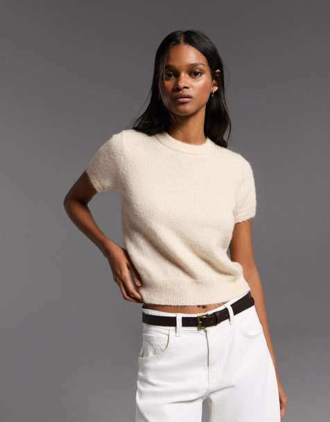 Bershka - Maglione a maniche corte con scollo rotondo écru - view 1