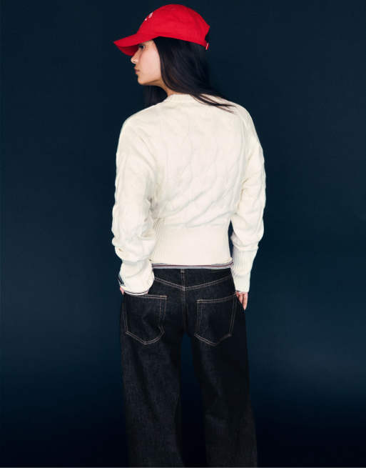 Bershka maglione a trecce girocollo color ecru, 3 di 5