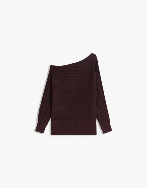Bershka - Maglione asimmetrico marrone intrecciato, 4 di 4
