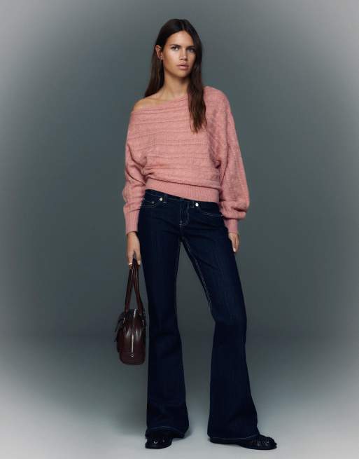 Bershka - Maglione asimmetrico rosa intrecciato, 3 di 4