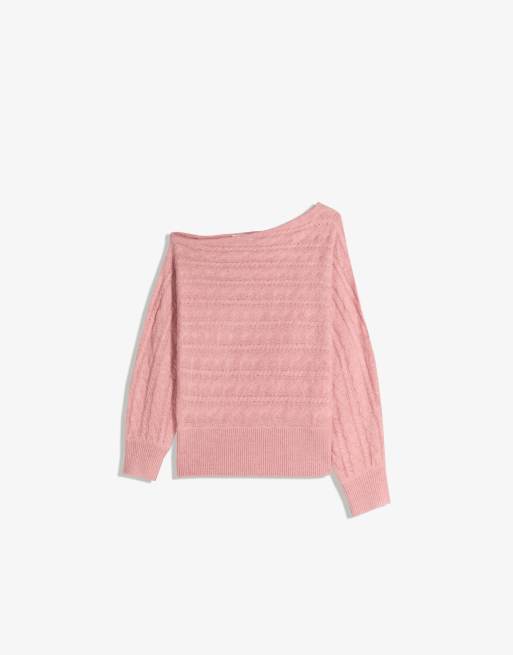 Bershka - Maglione asimmetrico rosa intrecciato, 4 di 4