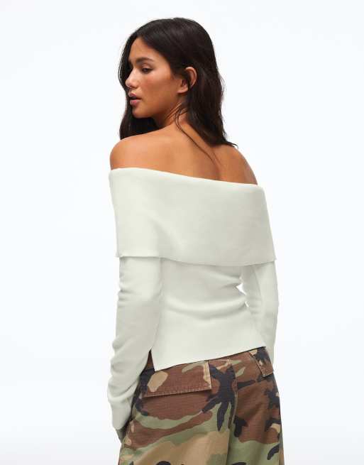 Bershka maglione Bardot a maniche lunghe in écru, 3 di 5