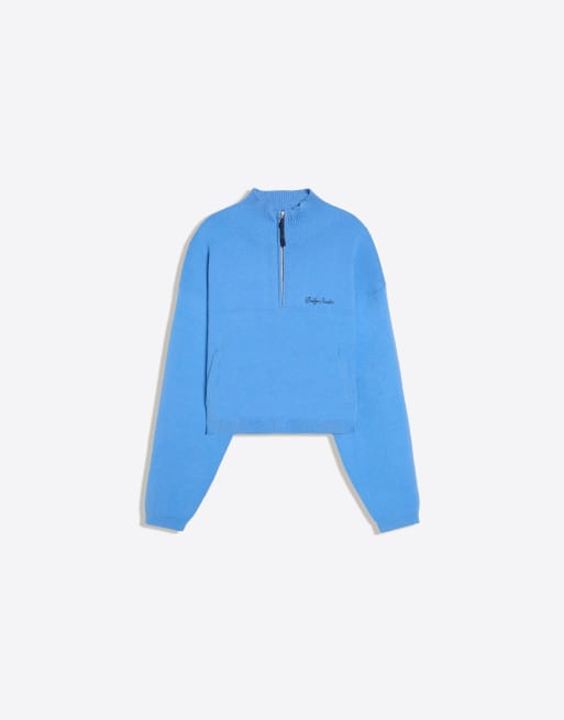 Bershka - Maglione blu denim con zip e ricamo, 5 di 5