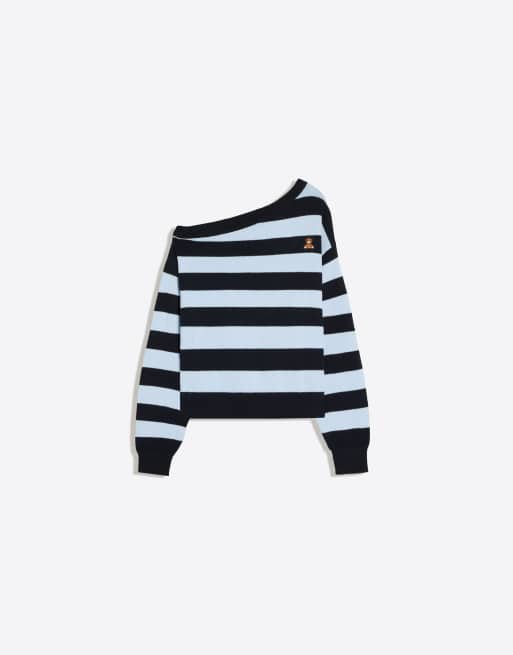 Bershka - Maglione blu denim ricamato con scollo a barchetta, 5 di 5