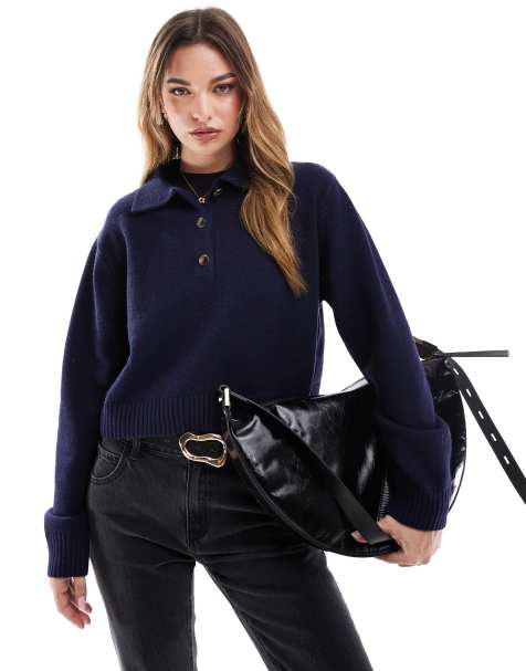 Bershka - Maglione blu navy con colletto stile polo - view 1