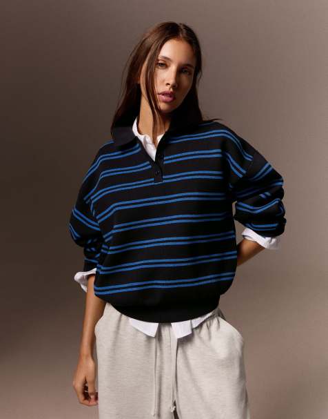 Bershka - Maglione blu oversize con colletto stile polo - view 1